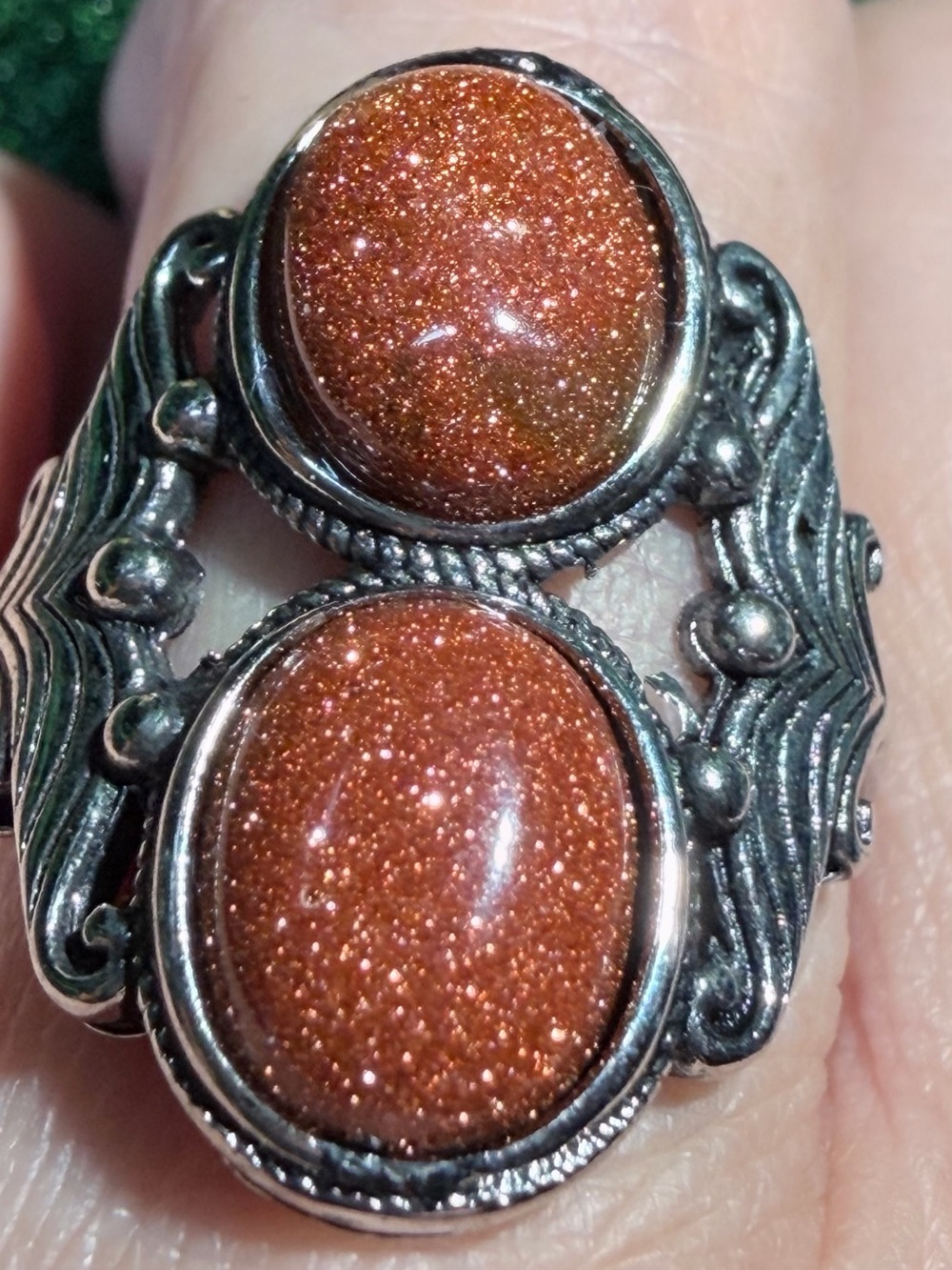 Sparkling Goldstone Double Oval Adjustable intricate band Stainless Steel Ring
